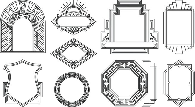 Vector line art collection of vintage art deco geometric frames and decorative borders for graphic design