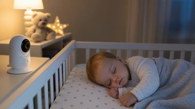 Baby monitor camera monitoring a baby in the crib.