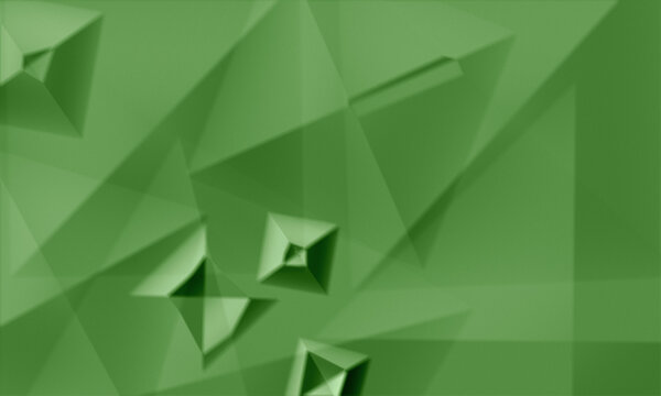 Crumpled paper abstract green background with geometric pyramid shapes and soft lighting effects