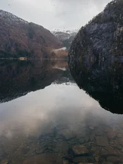 Scenic view of Norwegian fjord with mountain reflection in calm water © Olga