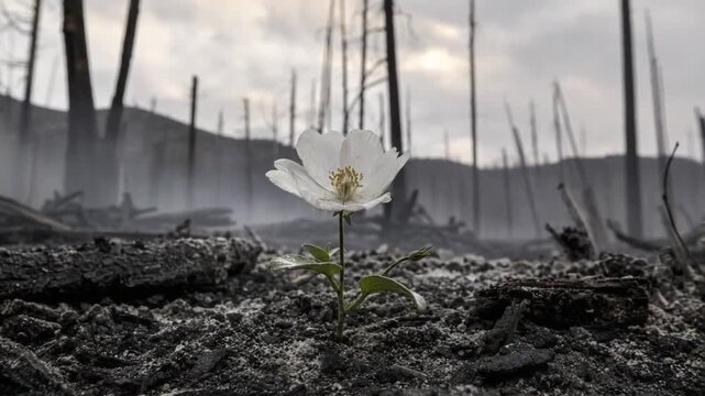 White flower in a devastated forest.
