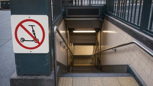 Sign prohibiting electric scooters on public transport.