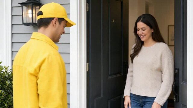 Delivery man delivering a package to a house.