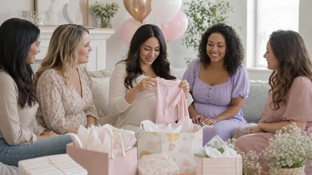 Gifts at a baby shower. Friends giving gifts to the mother.