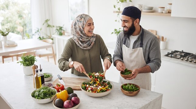 A happy Muslim couple in a bright, modern kitchen preparing a fresh, healthy salad together, smiling and interacting.