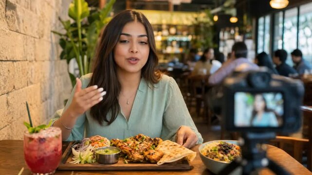 Food vlogger recording a gastronomic video in a restaurant.