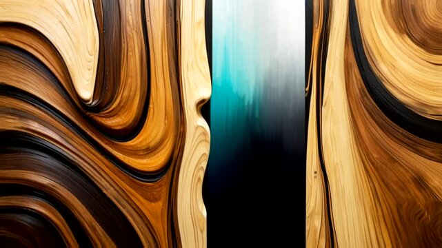 A combination of curved natural wood grain textures in warm brown and cream tones, paired with a central "river" accent of turquoise and elegant black resin.