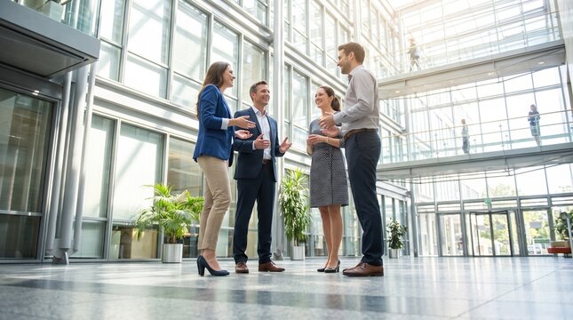 Diverse business team having a professional meeting in a modern bright office building lobby.