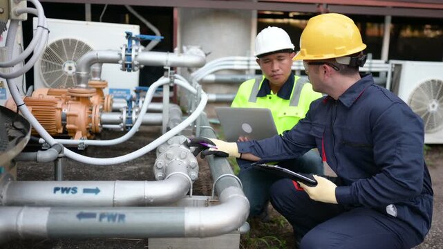 Industrial engineer inspecting water valves and pipelines outside a factory using a laptop, supporting infrastructure maintenance, system monitoring, safety, efficient operations and water management.