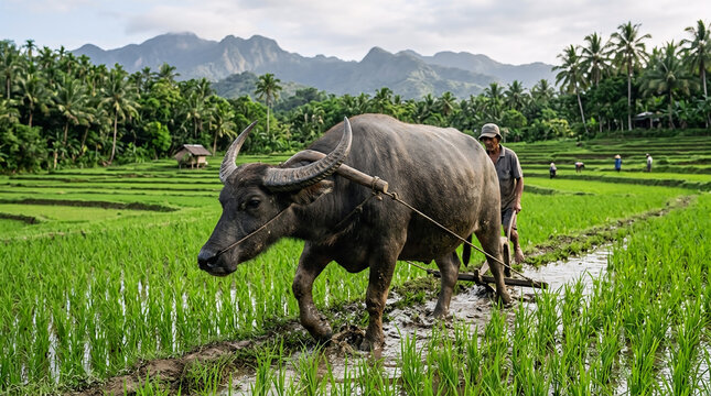 Farmer plowing a rice field with a water buffalo in a rural landscape, surrounded by lush greenery and mountains