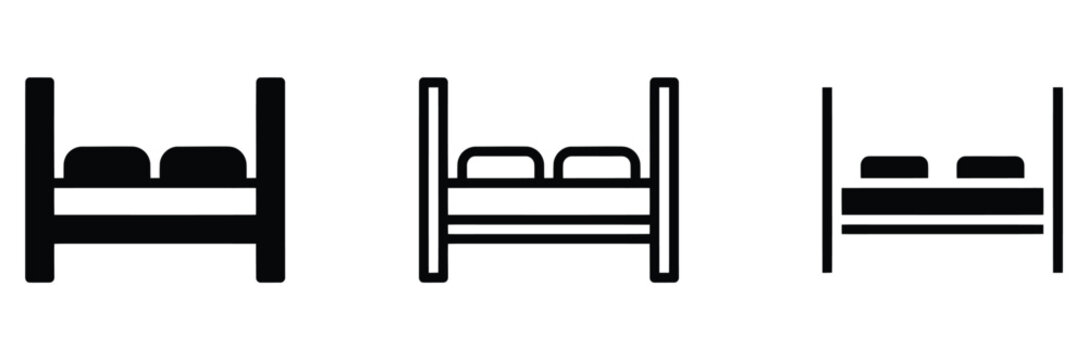 WebBed icon vector set. Double bed furniture symbol, bedroom hotel sleep sign, hostel pillow mattress element, and interior relaxation accommodation bundle. Home graphic. Vector illustration.