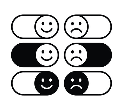 Black and white user interface toggle switches featuring happy and sad faces for customer feedback and mood tracking.