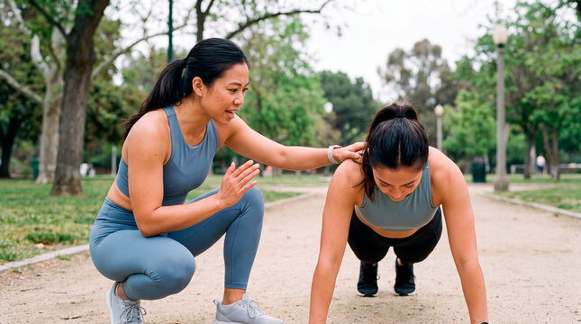 Fitness trainer coaches woman through push up exercise in sunny green park