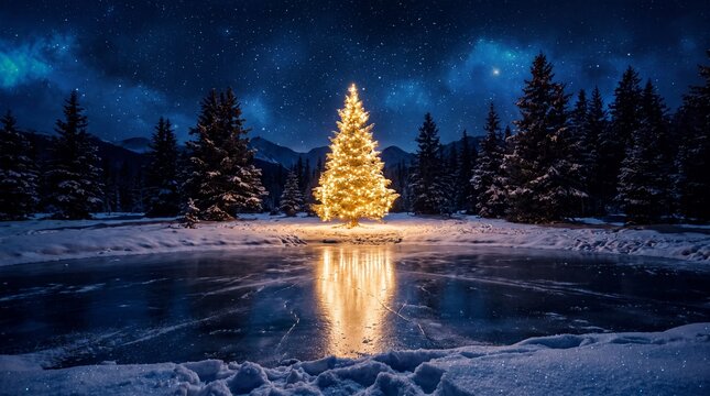 Illuminated Christmas tree glowing in snowy forest under starry night sky with aurora reflections
