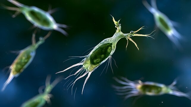 Microscopic view of green algae like organisms with fine appendages floating in dark blue water