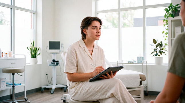 Young patient uses digital tablet while talking with doctor in exam room