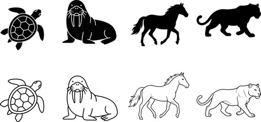 Obraz premium Vintage style animal silhouettes including a turtle dog horse and lion