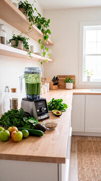 Green smoothie blends with fresh kale spinach avocado and apples on counter