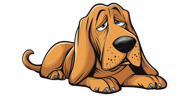Sad Bloodhound Illustration: A cartoon bloodhound with drooping ears and a forlorn expression lies down, conveying a feeling of melancholy and sadness.
