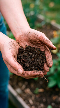 Hands gently cup handful of dark rich soil with roots in lush garden setting