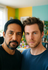 Fototapeta premium Diversity and inclusion, portrait of a multiethnic gay couple looking at the camera in a modern home office, LGBTQ+ relationship and equality