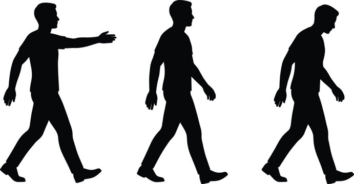 Man walking sequence reaching forward walking upright and looking down progression motion set for pedestrian lifestyle vector