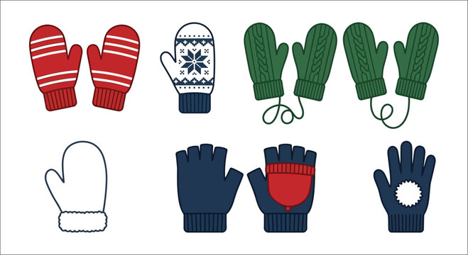 Collection of winter mittens and gloves in a flat vector illustration on a white background accessories