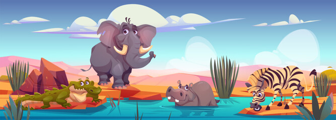 Fototapeta premium Elephant, zebra, crocodile, hippo on river shore