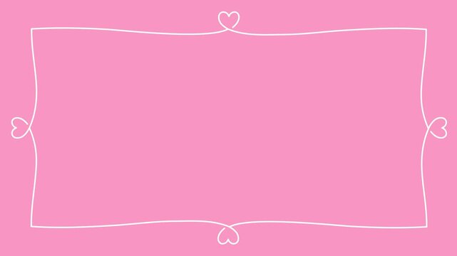 White line heart frame draws on a pink background, forming a decorative romantic border with large copy space in the center.