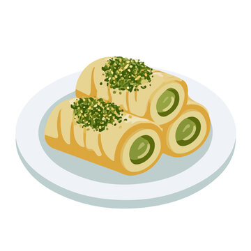 Baklava Rolls, 2D flat vector illustration in icon style, isolated on a white background
