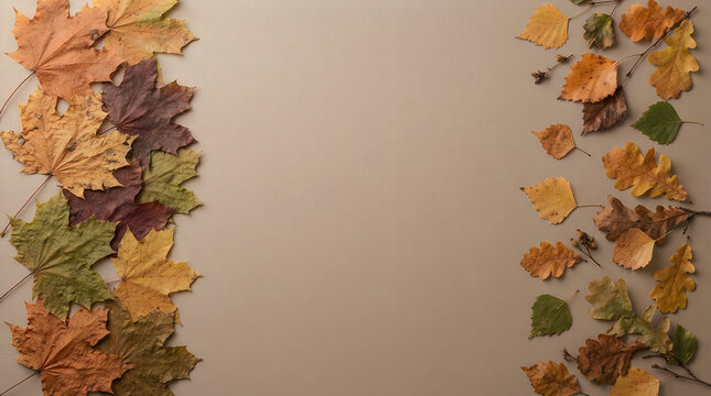 Autumn leaves border on beige background with copy space