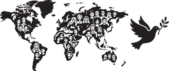 Fototapeta premium World map silhouette with diverse people faces and a flying peace dove with olive branch.