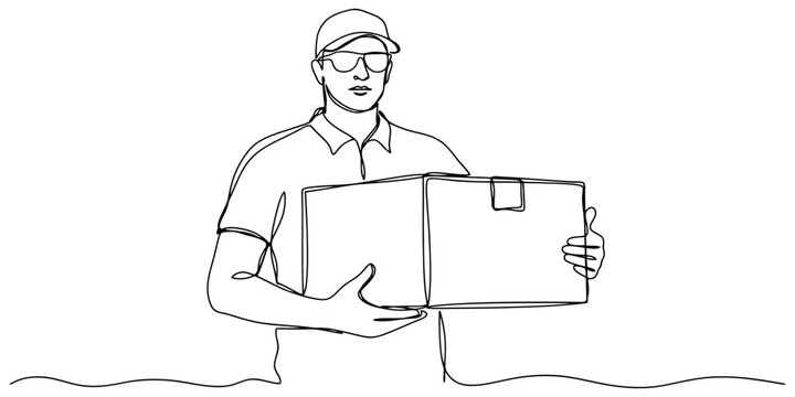 Continuous single line drawing of a delivery man wearing a cap and glasses holding a cardboard box for shipping and logistics concept
