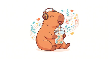 Fototapeta premium Cute Capybara Wearing Headphones Drinking Bubble Tea with Floating Musical Notes Illustration