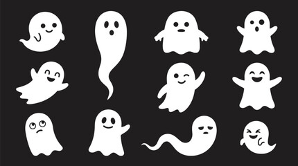 Fototapeta premium A vector illustration features cute white ghost for halloween characters, showing various expressions and shapes on a black background.