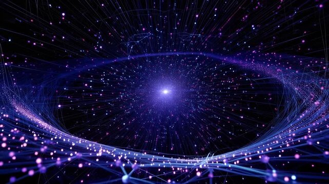 Abstract digital energy vortex with glowing purple particles and network lines on dark background