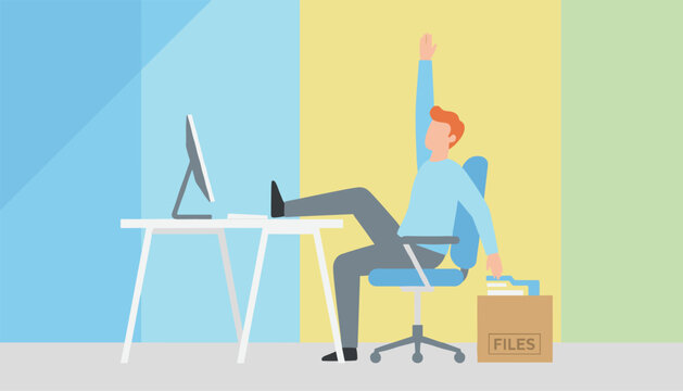 Carefree office worker relaxing in a chair with his feet on the desk while stretching to reach a file box.