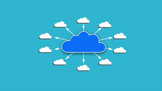 Cloud computing network distribution diagram in blue digital motion animation