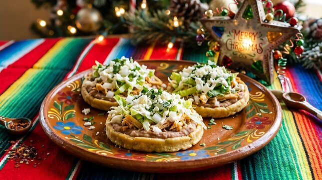 Traditional mexican food sopes topped with meat and cheese on colorful festive