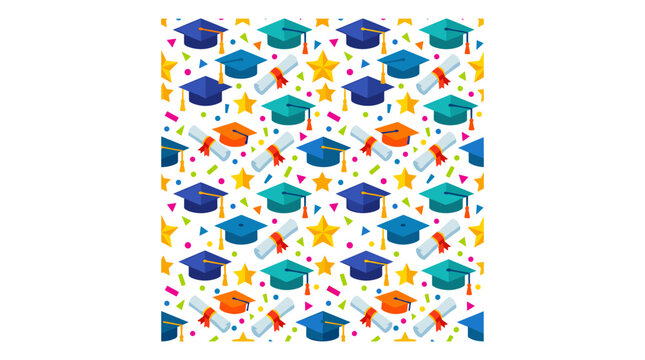 A vibrant seamless pattern of colorful graduation caps, rolled diplomas, yellow stars, and confetti