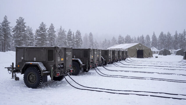 Military mobile power generators with cables supplying field camp tents in snowy winter forest, portable battery energy storage and industrial electricity supply equipment in cold environment