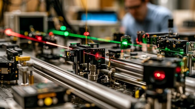 Precision laser optics experiment setup with red and green beams on optical table for physics research
