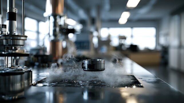 Superconducting magnet levitating above liquid nitrogen in a modern physics laboratory.