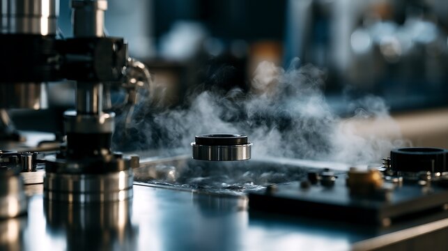 Superconducting magnet levitating above liquid nitrogen in a physics laboratory experiment.