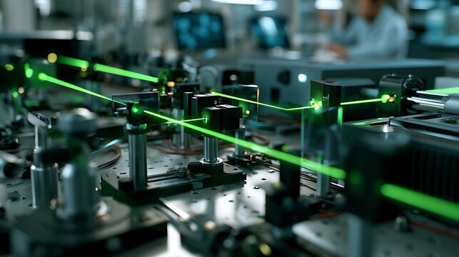 Complex laser optics experiment with green light beams in a professional physics laboratory.