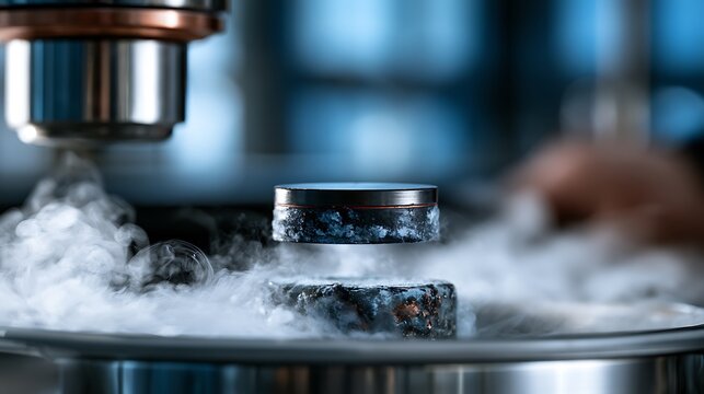 Superconducting magnet levitating above a cooling surface in a physics laboratory experiment.