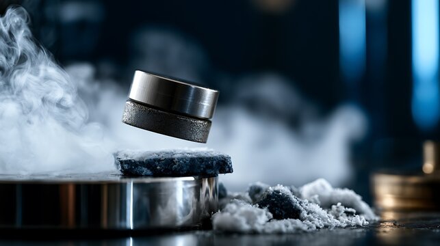 Superconducting magnet levitating above a cooling base in a physics laboratory experiment.