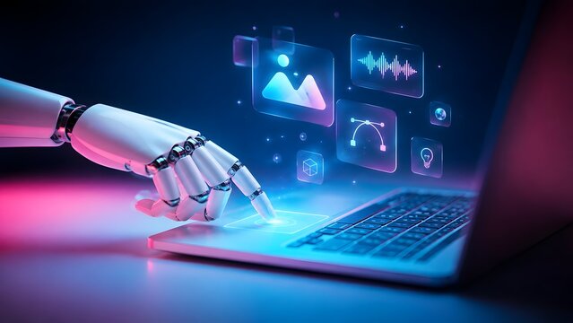 Robot hand interacting with digital interface on laptop