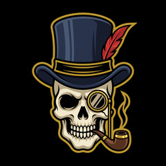 Fototapeta premium An artistic skull image adorned with a top hat and pipe, showcasing a blend of sophistication and vintage charm, appealing to rebellious yet classy aesthetics vividly and engagingly.