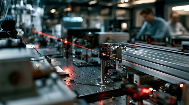 Advanced laser interferometer precision experiment setup in high-tech physics laboratory with optical components